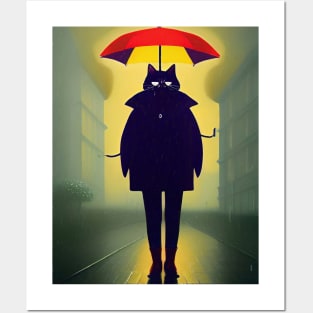 Black cat with umbrella on head Posters and Art